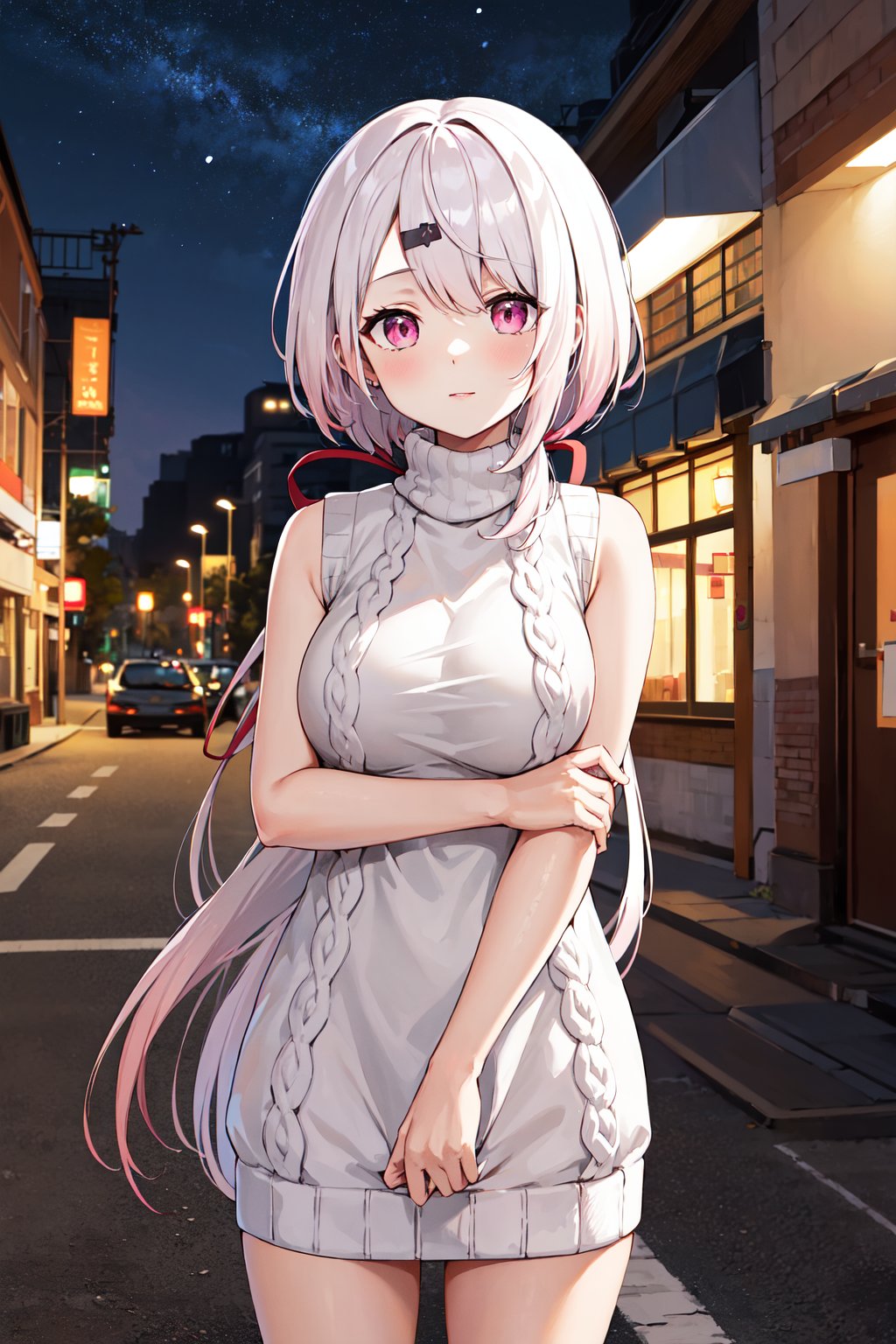 masterpiece, best quality, highres, aayuika, vey long hair, gradient hair, pink hair, white hair, low ponytail, hair ribbon, hairclip, <lora:shiina_yuika_v1:0.7>, sweater dress, sleeveless, turtleneck, street, night, standing