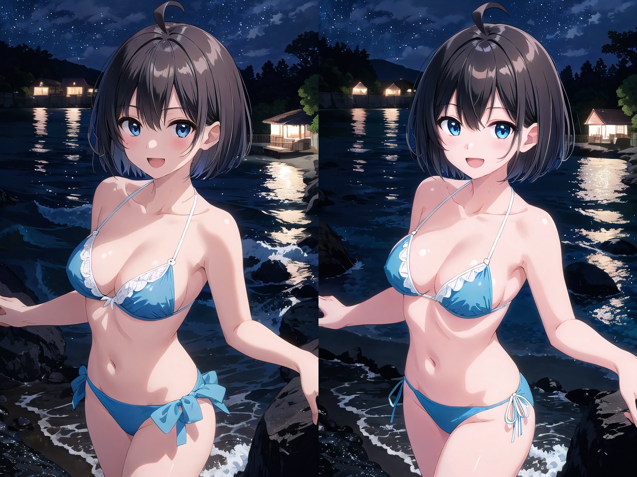 <lora:lightup_brightness_v200:0.35><lora:hyperrefiner_v090:1>insanely detailed, absurdres, ultra-highres, ultra-detailed, best quality,1girl, solo, nice hands, perfect hands,BREAK,pastel colored bikini,happy smile, laugh, open mouth,swimming, cowboy shot, looking at viewer,BREAK,slender, kawaii, perfect symmetrical face, ultra cute girl, ultra cute face, ultra detailed eyes, ultra detailed hair, ultra cute, ultra beautiful,by Canon EOS, SIGMA Art Lens 35mm F1.4, ISO 200 Shutter Speed 2000,(at night:1.3), at seashore, coast, beach, tropical, starry sky, blue ocean,(medium large breasts, cleavage:1.3),BREAK, (ahoge:1.2), (short bob cut, hair between eyes, black dark_brown hair), black dark_brown eyes