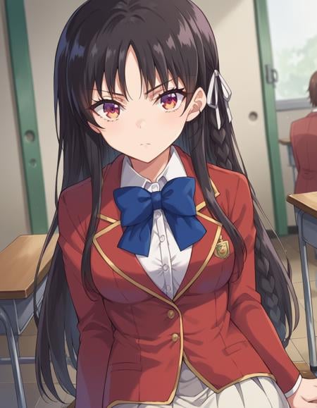 score_9, score_8_up, score_7_up, source_anime,suzunehorikita, <lora:suzune-horikita-ponyxl-lora-nochekaiser:1>,suzune horikita, long hair, black hair, red eyes, hair ribbon, braid,bow, school uniform, jacket, bowtie, blue bowtie, blazer, red blazer, skirt, white skirt,indoors, classroom, hallway, sitting, desk, chair,looking at viewer, cowboy shot, dutch angle,