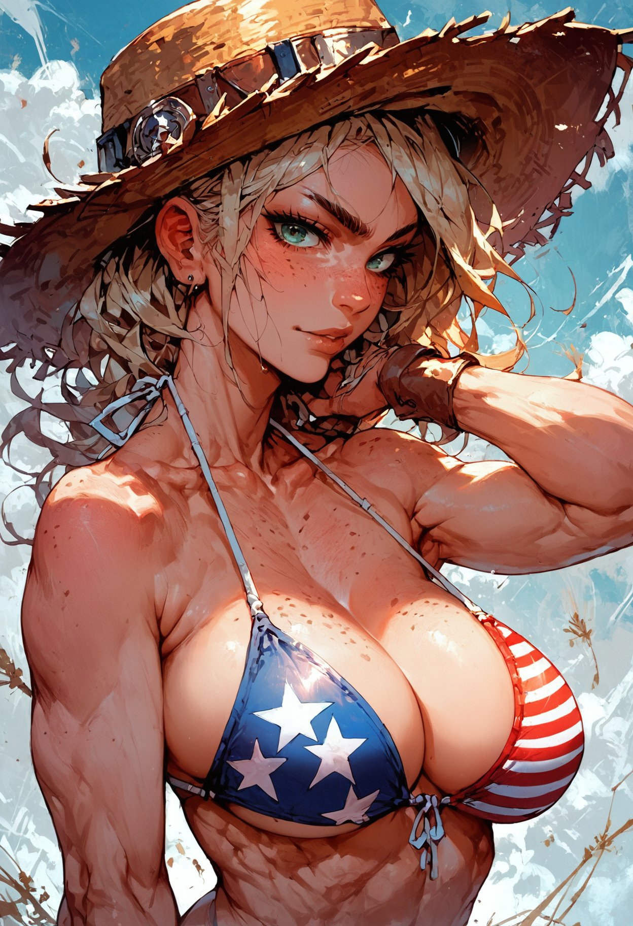 (score_9, score_8_up), score_7_up, zPDXL, solo,  <lora:MythAnim3Style:1>, MythAn1m3, source_anime, 1girl, bikini, body freckles, american flag bikini, cleavage, freckles, large breasts, looking at viewer, pale blonde hair, solo, cropped legs, cowboy hat, straw hat, stable, barn