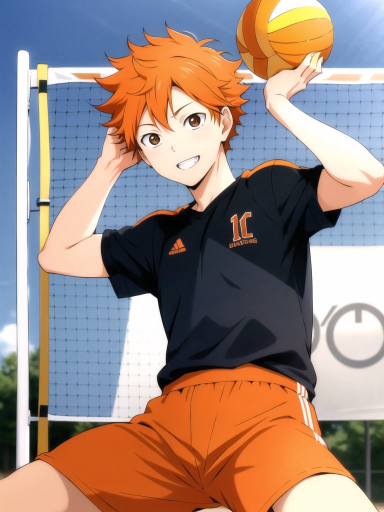 <lora:ShouyouHinataV2:0.6>,high res, masterpiece, Shouyou Hinata , orange hair, solo, 1boy, male, volleyball court, outside,blue sky, woods, , detailed eyes, 