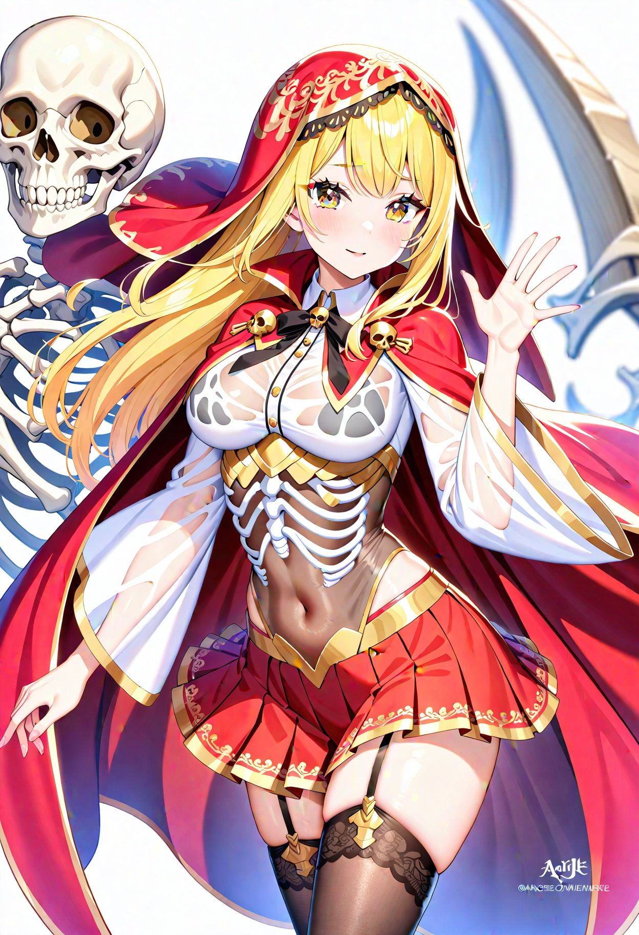 1girl,    red skirt, long hair, see-through leotard, skull, cape, cowboy shot, see-through shirt, skirt, skeleton, skeleton print, open hand, blonde hair, veil, miniskirt, ribbon, thighhighs, medium breasts, artist name, yellow eyes, pleated skirt, gold trim, garter straps, red cape, leotard, simple background, covered navel, white background, long sleeves, looking at viewer, bone, neck ribbon, wide sleeves, black legwear, hand up, breasts, see-through midriff, masterpiece, best quality, newest,  sensitive