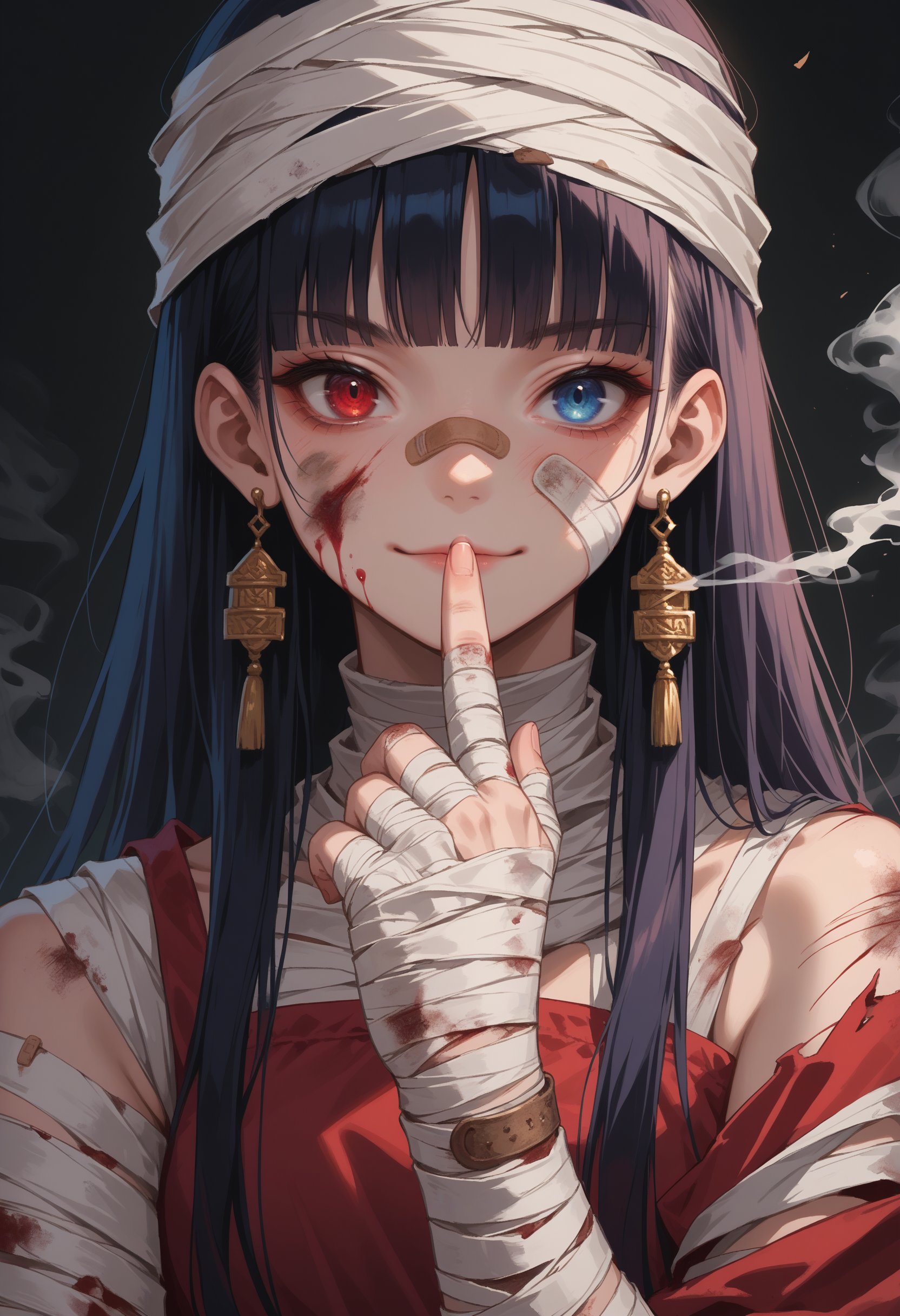 score_9, score_8_up, score_7_up, source_anime, 1girl, solo, long hair, looking at viewer, blue eyes, black hair, red eyes, closed mouth, jewelry, upper body, earrings, hand up, blunt bangs, blood, heterochromia, bandages, black background, bandaid, index finger raised, finger to mouth, smoke, bandaged arm, injury, bandaid on face, shushing, bandaged hand, bandaged head, bandaged neck, bandaged fingers, smirk, smile, 