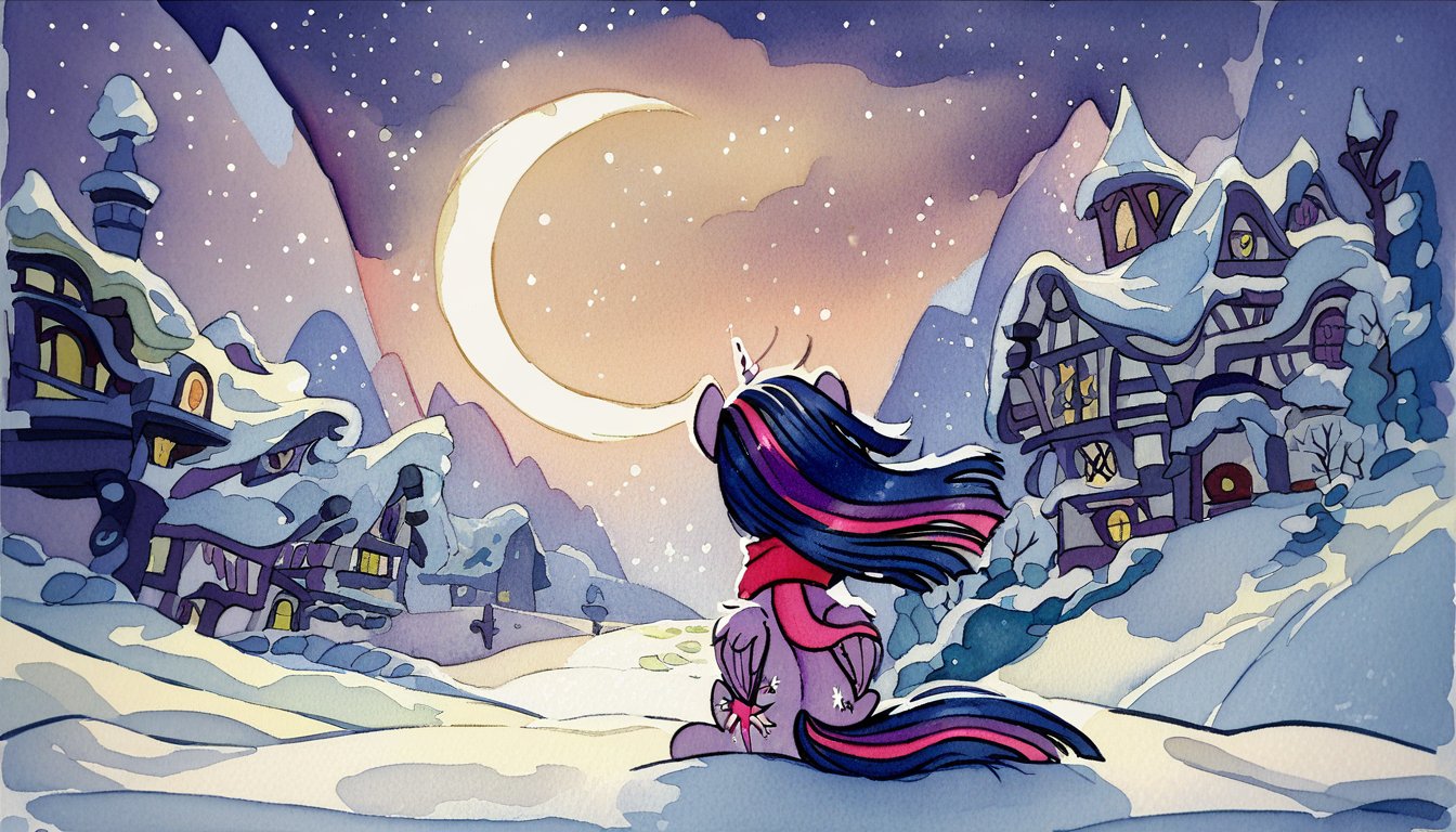 score_9, score_8_up, score_7_up, score_6_up, score_5_up, score_4_up, rating_safe, twilight sparkle, alicorn, female, mare, pony, solo, clothes, crescent moon, dark, g4, moon, night, scarf, scenery, sitting, snow, village, wind, winter, rear view, twilight sparkle \(alicorn\), transparent moon, watercolor painting, traditional art, <lora:MLP_Watercolor_Painting_v1-000006:1>