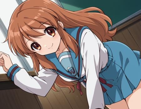 score_9, score_8_up, score_7_up, source_anime,mikuruasahina,  <lora:mikuru-asahina-s1-ponyxl-lora-nochekaiser:1>,mikuru asahina, long hair, brown hair, brown eyes,skirt, long sleeves, school uniform, serafuku, sailor collar, blue skirt, blue sailor collar, winter uniform, kita high school uniform,indoors, classroom, bent over, smile,looking at viewer, dutch angle, cowboy shot, solo,