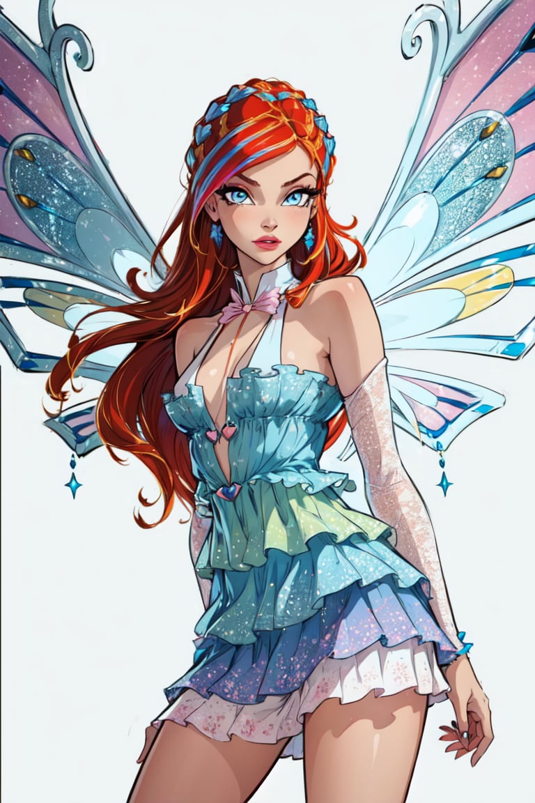 (Bloom:1.2), dress, fairy wings, red hair, blue eyes, sparkling outfit, (white background, solid white background:1.5), (realistic:1.2), (masterpiece:1.2), (full-body-shot:1),(Cowboy-shot:1.2), neon lighting, dark romantic lighting, (highly detailed:1.2),(detailed face:1.2), (gradients), colorful, detailed eyes,, (natural lighting:1.2), solo  <lora:WinxClubEnchantixBloom-10:0.8> <lora:add_detail:0.3> <lora:BeautifulEyes:0.6>