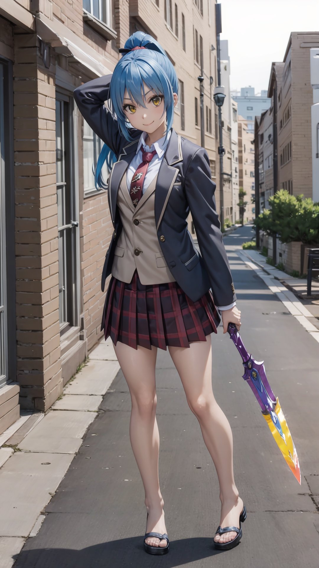 (masterpiece, best quality),ray tracing,absurdres, HDR,rimuru tempest, campus, skirt, 1girl,large breasts,  blue hair, school uniform, plaid skirt, necktie, long hair, smile, plaid, yellow eyes, , jacket, pleated skirt, full body, , ponytail, , standing, blazer, looking at viewer, solo, , hair between eyes, ,red necktie, shirt, bangs, sandals, red skirt, white shirt, collared shirt, closed mouth,  , long sleeves, miniskirt,outoors, ,wucaitianjing, weapon, sword,holding, holding sword, <lora:rimuru campus:0.7> <lora:sandals_v2:0.7> <lora:wucaitianjing_v2:0.7>