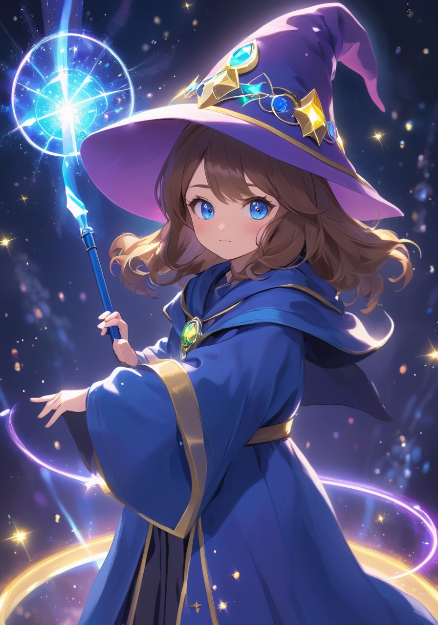 realistic, 1girl, solo, wizard hat, robe, holding staff, on magic circle, sparkles, light particles, crystal, prism, glowing light,wani wani panic,speech bubble saying "DeepBlue",