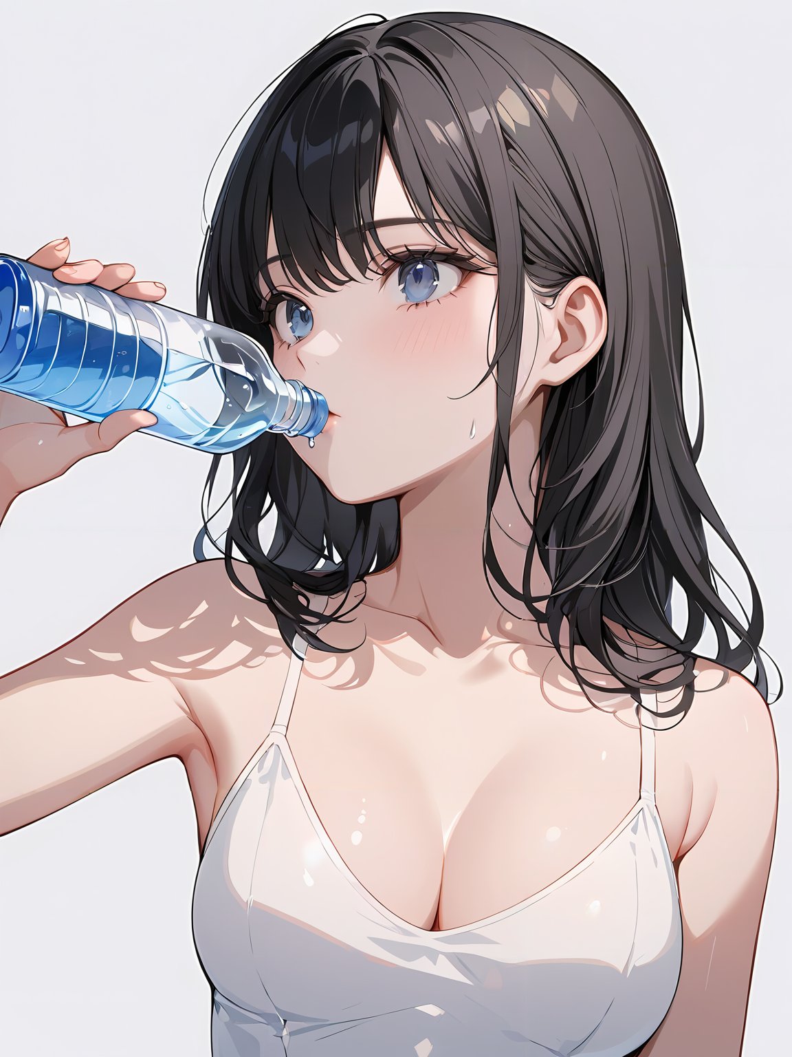 masterpiece,ultra-detailed,best quality,8K,illustration,cute face,clean skin ,shiny hair,girl,middle breasts,ultra-detailed-eyes,simple background, <lora:add-detail-xl:1>  <lora:drinking_XL_V1.0:1> drinking, holding bottle,water