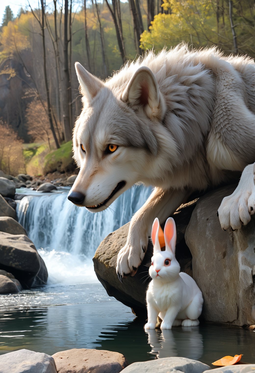 1 rabbit drinking water by the river,next to a big stone,behind the big rock is a 1 wolf,the wolf looked at the rabbit with a sinister expression,