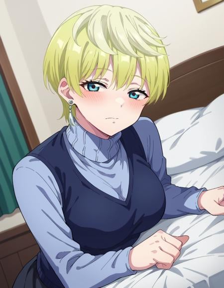 score_9, score_8_up, score_7_up, source_anime,tenkaizumo, <lora:tenka-izumo-s1-ponyxl-lora-nochekaiser:1>tenka izumo, short hair, blue eyes, blonde hair,skirt, long sleeves, jewelry, pantyhose, earrings, vest, sweater, turtleneck, turtleneck sweater,indoors, bed, bed room, on side, blush, drunk,looking at viewer, cowboy shot, dutch angle, solo,