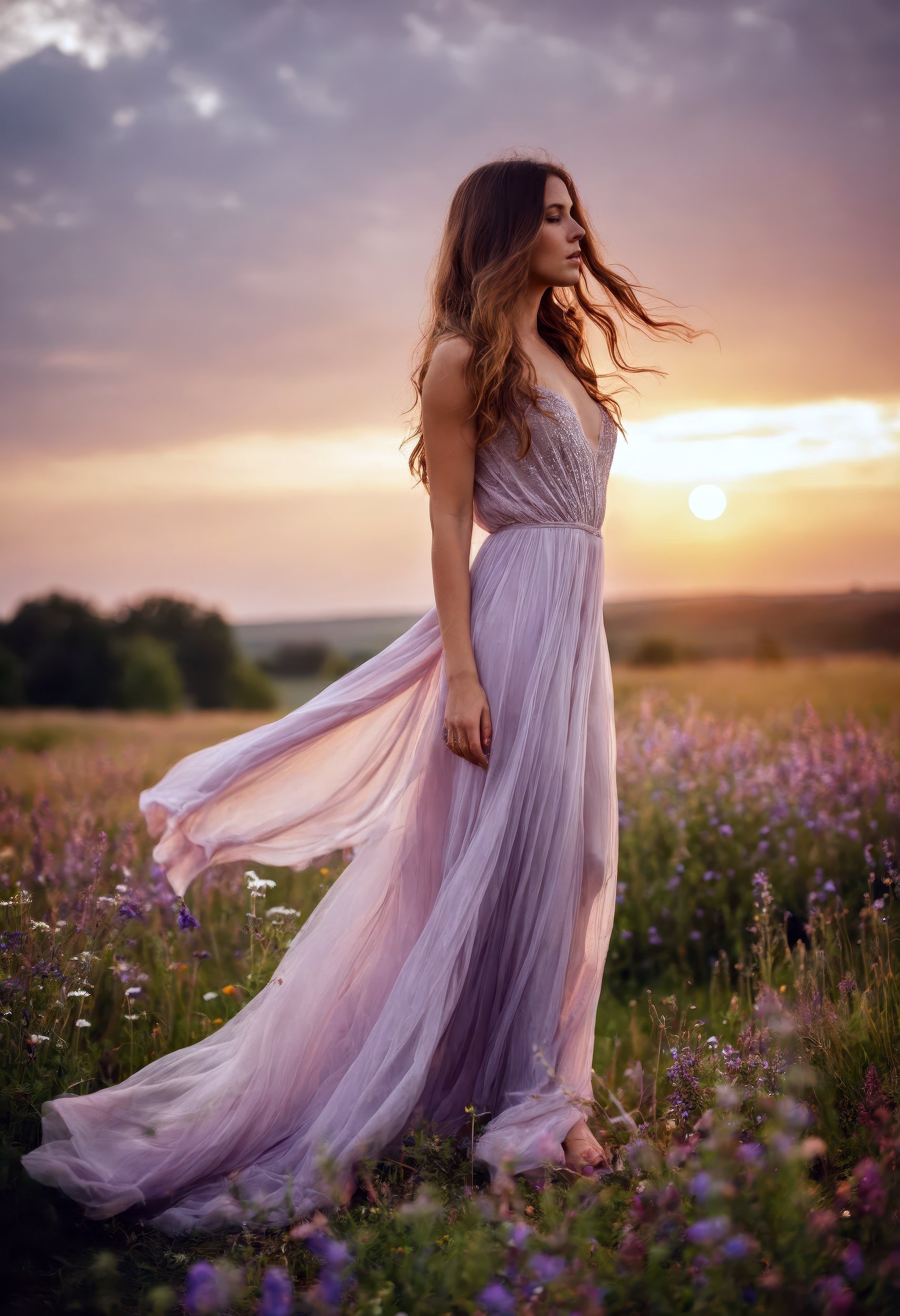 dreamlike photograph of a breathtaking 25-year-old woman in a flowing ethereal gown,  standing barefoot in a wide open fie...