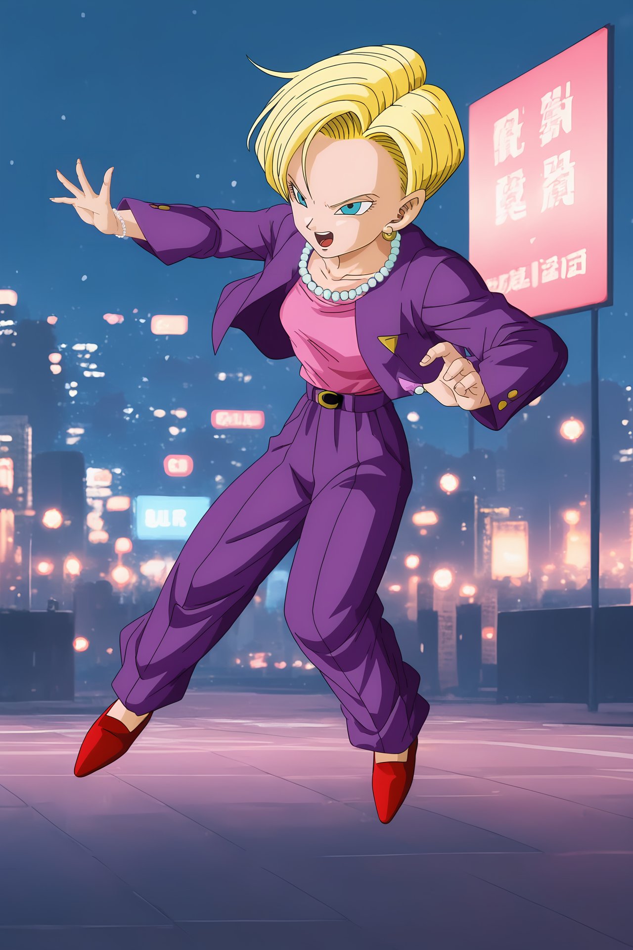 source_anime, score_9, score_8_up, score_7_up, anime screencap, high quality, android 18, dragon ball gt, official style, 1girl, solo, open mouth, very short hair, blue eyes, blonde hair, pearl necklace, open jacket, high heels, gold earrings, beads, building, city, cityscape, purple jacket, lapels, collarbone, high waisted bottomwear, looking at another, midair, fighting stance, outstretched arm, outstretched hand, palms, purple pants, red footwear, night, pink shirt, shirt tucked in, belt, v-shaped eyebrows, v-shaped eyes <lora:c18_pony:0.8>