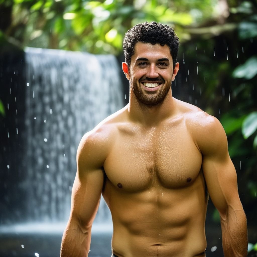 Steven Krueger a man ,  showering under a Waterfall in the jungle naked showing butt,  looking back at camera by HottiesnH...