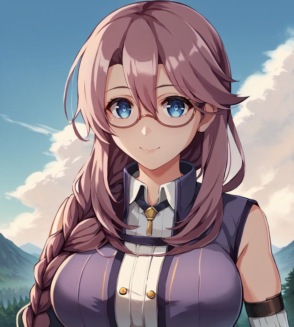 score_9, score_8_up, score_7_up, score_6_up, score_5_up, score_4_up, source_anime, rating_safeBREAK,<lora:TrailsOfColdSteel-ClassVII-000025:0.9>, Emma Millstein, long hair, purple hair, glasses, blue eyes, huge breasts, purple sleeveless coat, white shirt, green miniskirt, black pantyhose, white boots,BREAK,1girl, solo, looking at viewer, smile, upper body, portrait,BREAK, <lora:Starworks:1>, BREAK,1girl, outdoors, sky, clouds, distant mountains,