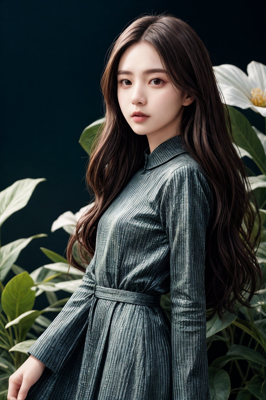 (medium full body shot:1.2), woman,long hair,Detailed skin, extreme realistic skin detail, detailed face, (skin imperfections:0.3), dress, (film grain:0.5), dynamic lighting, intricate, (skin pores:0.2), RAW photo, ultra detailed, real life,flower background,