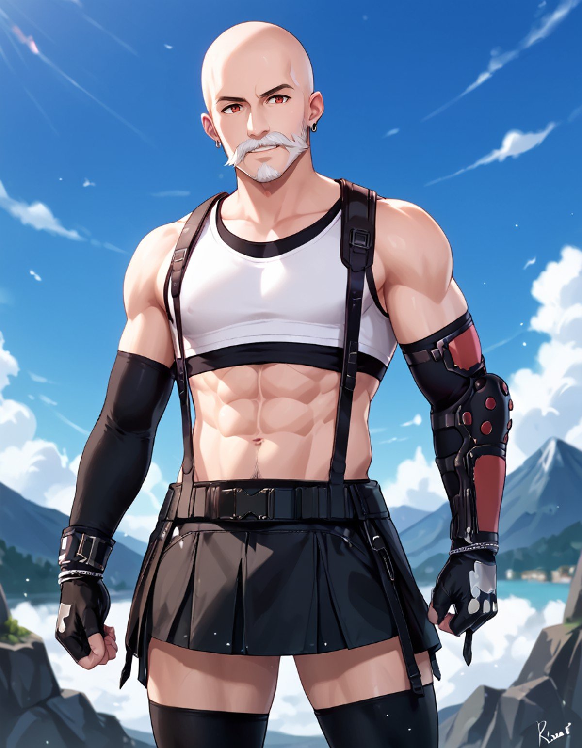 <lora:tifa:0.9>1boy wearing t1fa outfit, ((male focus. muscular)), bald,facial hair,fluffy mustache, skull tattoo,mountains background,sky, clouds,BREAKscore_9, score_8_up, score_7_up, 