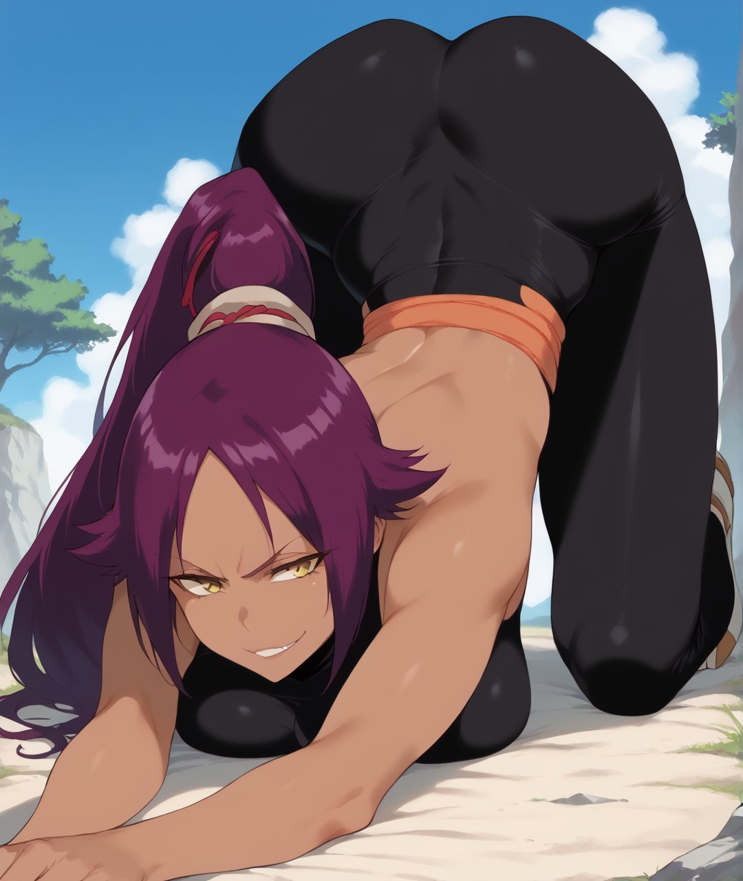 score_9, score_8_up, score_7_up, score_6_up, source_anime,outdoors, BREAKcatstretch, 1girl, yoruichi shihouin, long hair, yellow eyes, ponytail, purple hair, dark skin, dark-skinned female,bodysuit, black bodysuit, bare arms, bare shoulders, large breasts, abs, top-down bottom-up,  thick thighs, full body, breast press,smug  <lora:yoruichi-shihouin-ponyxl-lora-nochekaiser:1> <lora:catstretch2:1>