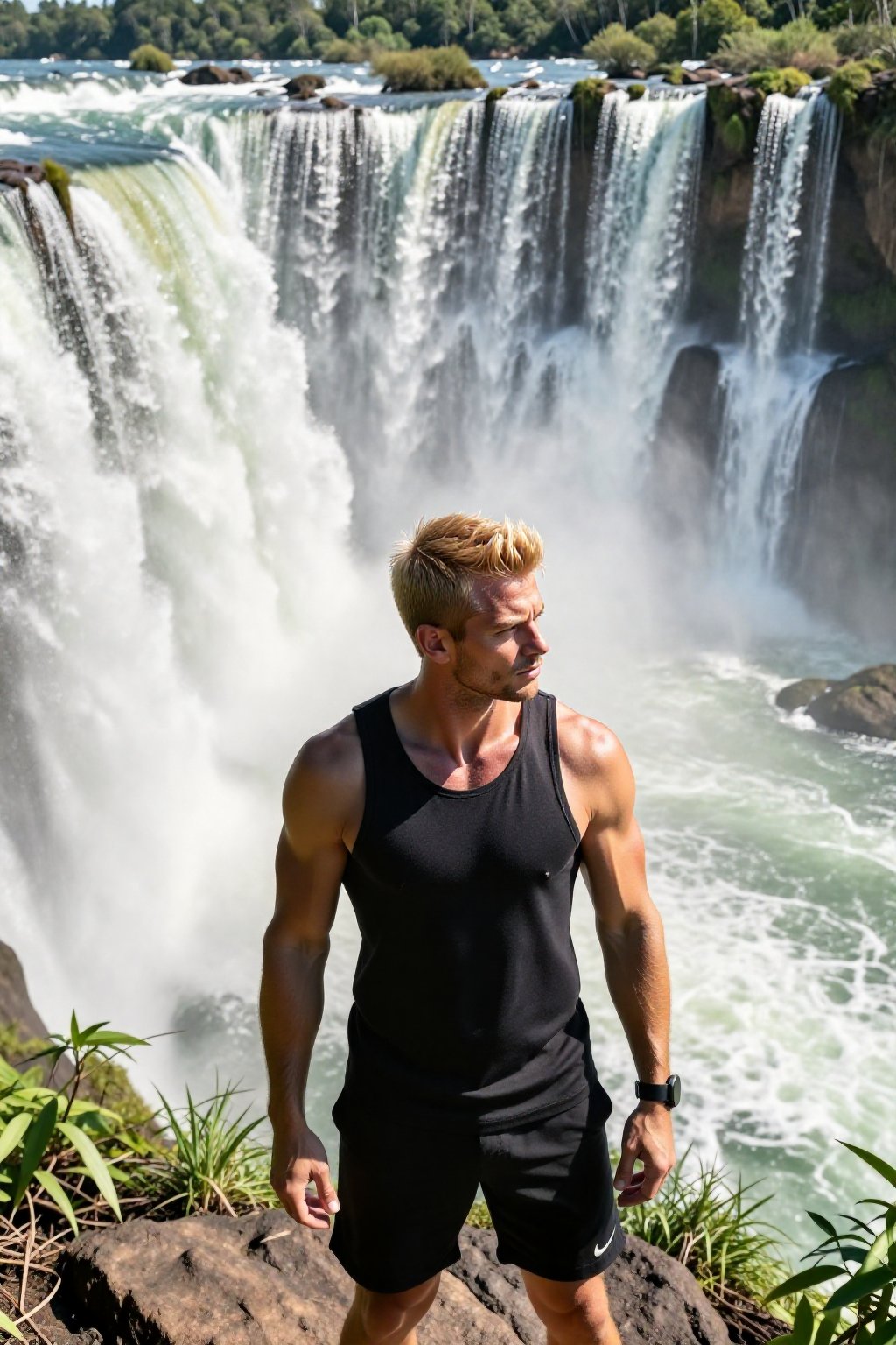 a strong man,  black with blonde meshes short hair ,  sportive clothes Iguazu Falls negative fill black flags absorbing li...