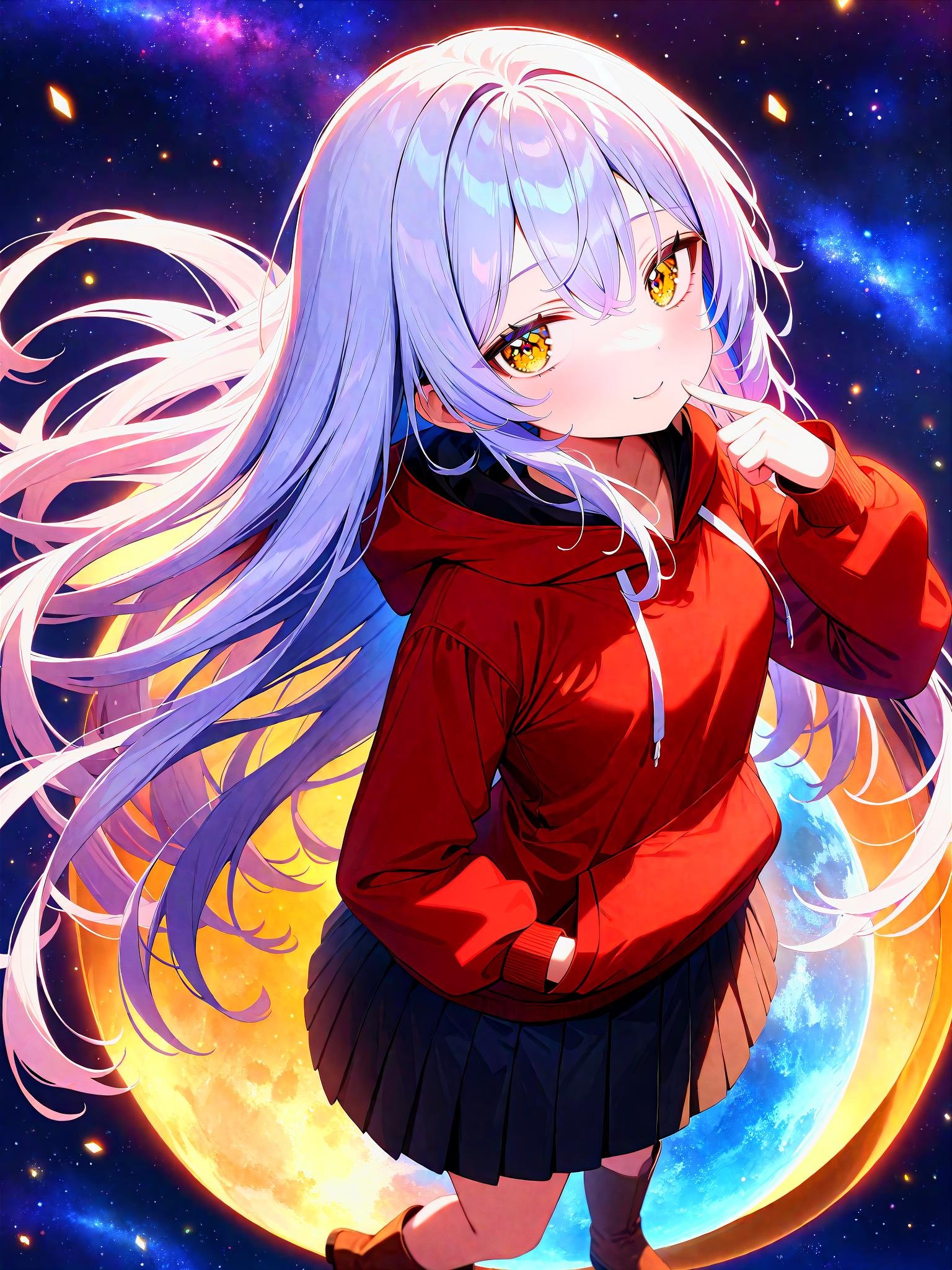 masterpiece, best quality, very aesthetic, absurdres, newest, 1girl, cute girl, original, skinny, petite, small breasts, blonde eyes, yellow eyes, (silver hair:1.4), very long hair, hair between eyes,hoodie, red shirt , black skirt, pleated skirt, brown boots,starry sky, star \(sky\), full moon, milky way, blue moon, nebula, colorful starry sky, light particles,from above, standing, finger to cheek, tilting,closed mouth, smile, doyagao, (hand in pocket:1.1), hand in hoodie,  pocket, on the sphere,<lora:FaceCheek_B_R_XL:1> <lora:FaceLight_B_R_XL:1> <lora:Jitome_B_XL:1>