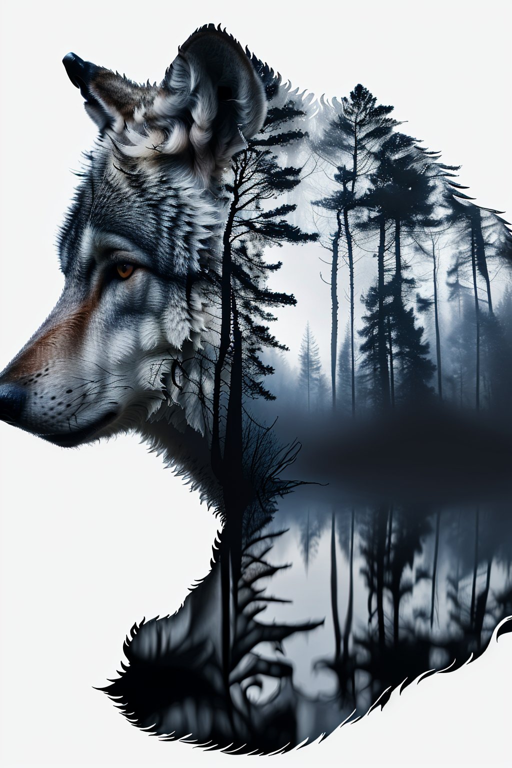 jianying01,tree,realistic,wolf,profile,solo,white background,lips,reflection,nature,simple background,forest,from side,<lora:jinying01-双影:0.8>,