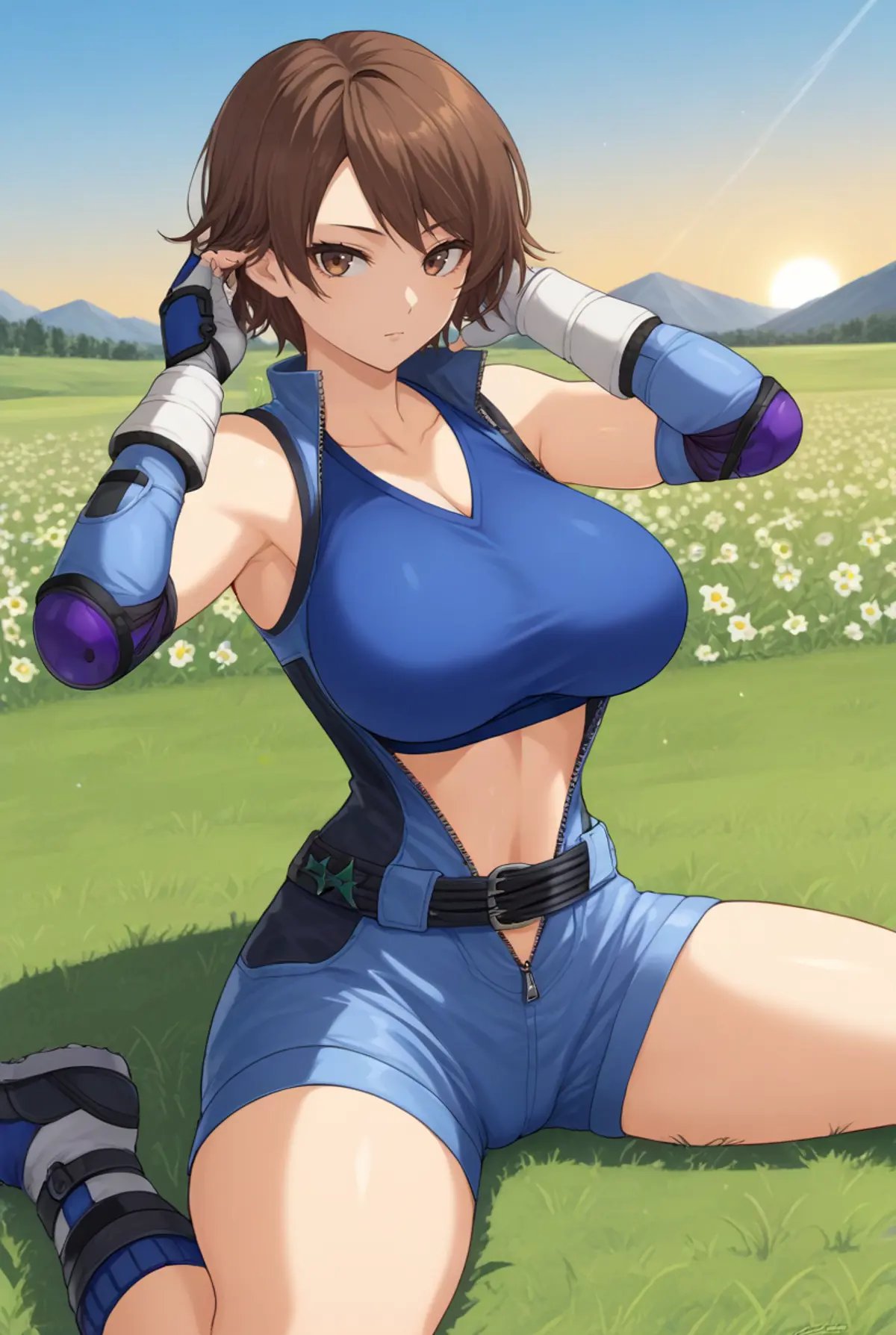 score_9, score_8_up, source_anime  BREAK solo, cowboy shot, looking at viewer,<lora:Wariza__Concept_Lora-000004:1>, wariza, w sitting, adjusting hair, spread legs, cameltoe, <lora:AsukaPdxlDwnsty:1>, brown eyes, short hair, brown hair, blue jumpsuit, unzipped, sports bra, zipper, elbow gloves, fingerless gloves, elbow pads, shorts, black beltlarge breasts, skindentation, expressionless, curvy,outdoors, grass, flower field, sun, lake, tree, blue sky,  