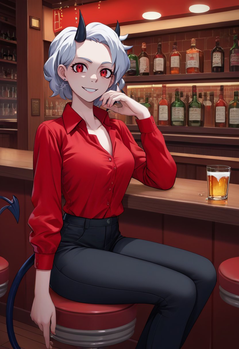 score_9, score_8_up, score_7_up, source_anime, solo, 1girl, htgeneric, smile, looking at viewer, sitting, bar stool, holding shot glass, alcohol, black horns, demon horns, red shirt, collared shirt, black pants, earrings, demon tail, indoors, bar \(place\) <lora:helltaker_generic_ponyXL:1>