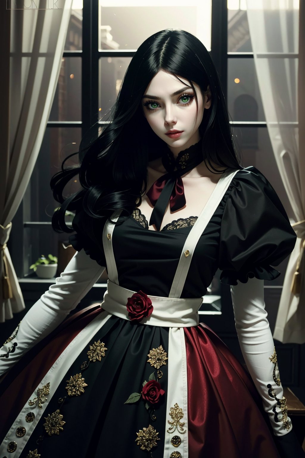 ((ultra detailed, masterpiece, best quality))<lora:AliceMadness:0.8>AliceMadness, 1girl, solo, long hair, black hair, green eyes, red dress, black lace