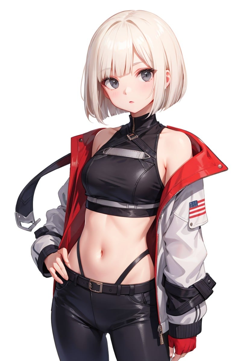 1lady,solo,leggings,cropped top,jacket,platinum blonde,bob cut,cowboy shot,black eyes,