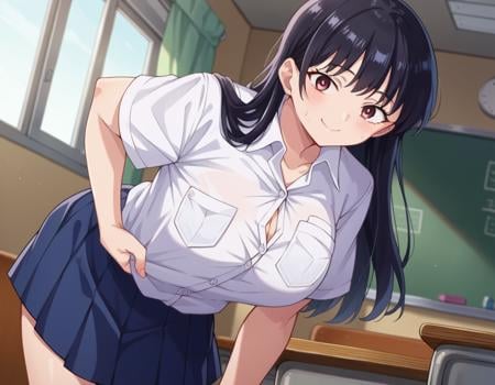 score_9, score_8_up, score_7_up, source_anime, annayamada, <lora:anna-yamada-s2-ponyxl-lora-nochekaiser:1>, anna yamada, long hair, bangs, black hair, brown eyes,skirt, shirt, school uniform, white shirt, pleated skirt, collared shirt, sweatdrop, blue skirt, pocket, shirt tucked in, breast pocket,indoors, classroom, smile, bent over,looking at viewer, cowboy shot, dutch angle,