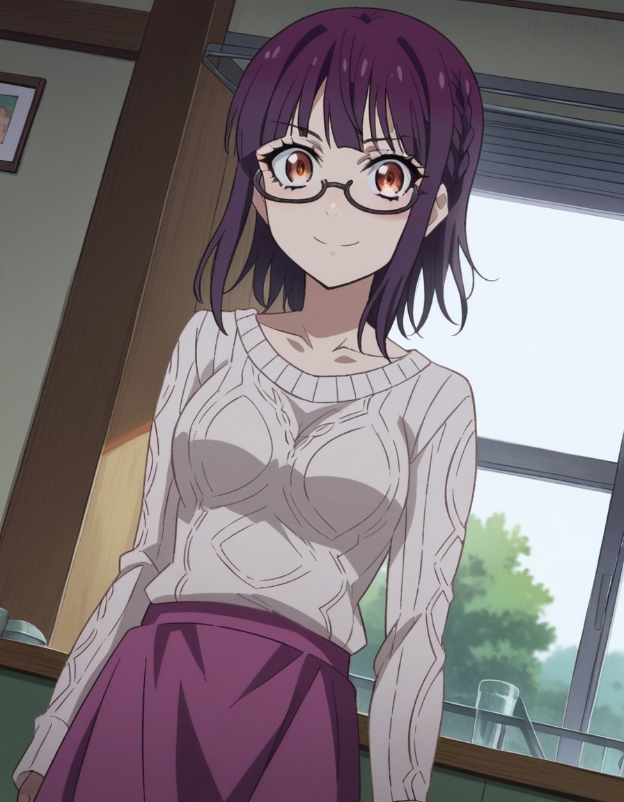 score_9, score_8_up, score_7_up, source_anime,sumikafujimiya, <lora:sumika-fujimiya-s1-ponyxl-lora-nochekaiser:1>,sumika fujimiya, brown eyes, purple hair, braid, glasses, semi-rimless eyewear, under-rim eyewear,sweater, long sleeves, collarbone, skirt, purple skirt,indoors, smile,looking at viewer, dutch angle, cowboy shot,