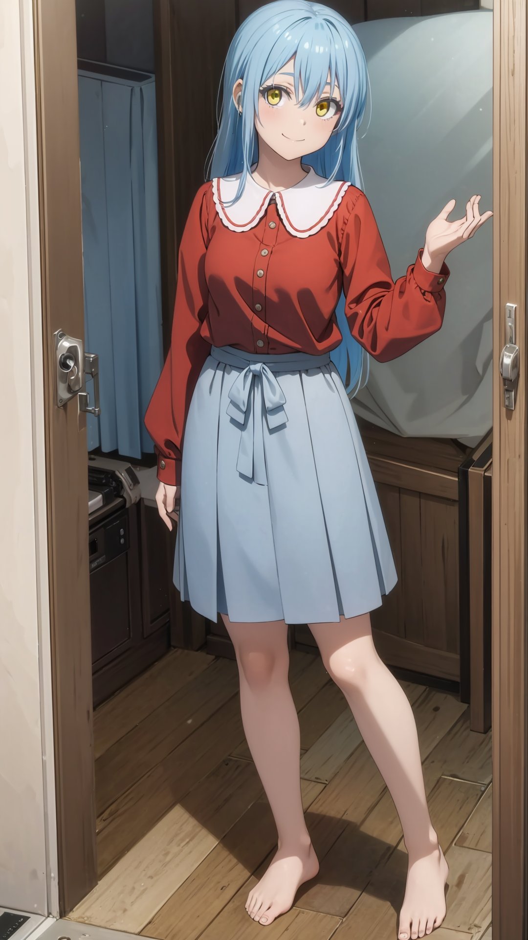 (masterpiece, best quality), ray tracing, absurdres, HDR,rimuru clothes, long hair, blue hair, yellow eyes, shirt, closed mouth, red shirt, 1girl, large breats,, rimuru tempest, skirt, bangs, red shirt, smile, solo, hair between eyes, grey skirt, long sleeves, collared shirt, ,blush ,looking at viewer,indoors,barefoot,full body,   <lora:rimuru_clothes01:0.7>