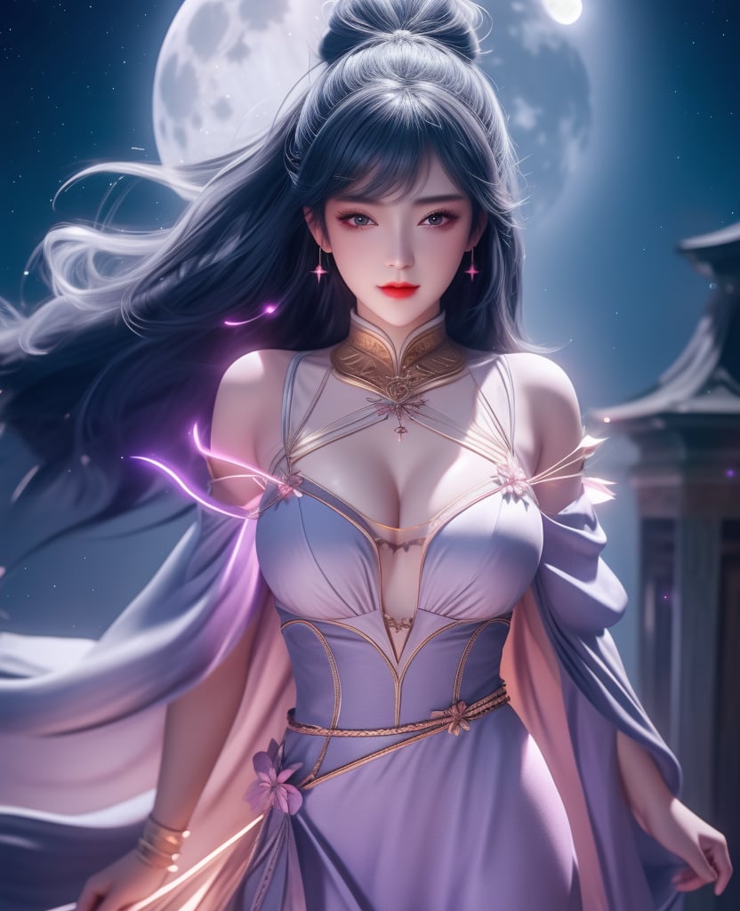 <lora:斗罗大陆-唐舞桐-海神缘:0.8> (,1girl, ,best quality, ),looking at viewer,  ,ultra detailed background,ultra detailed background,ultra realistic 8k cg,, ,masterpiece, (( , )),, ,   ,   cure blossom, full moon,night,night sky,  (cleavage), (), ,,