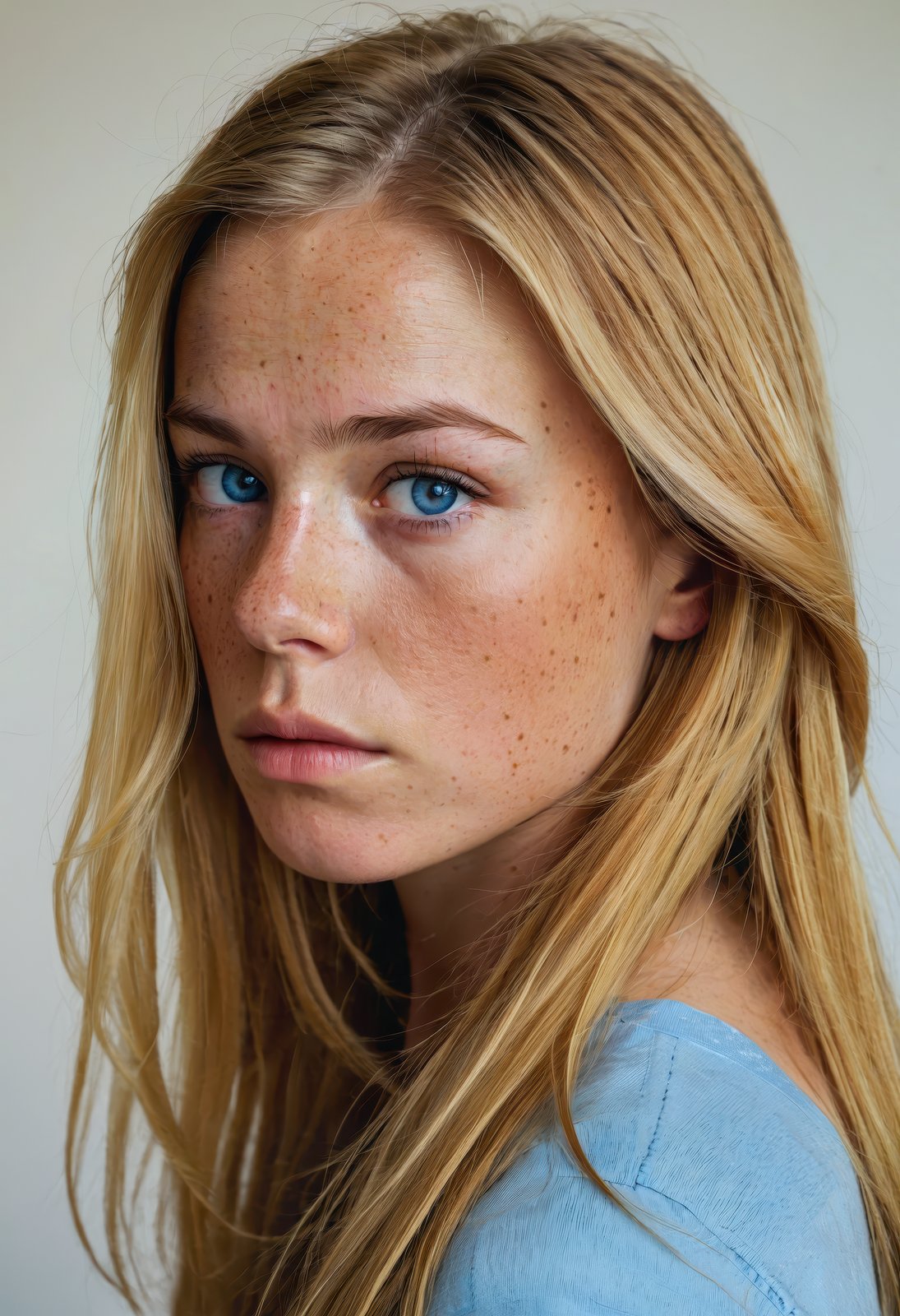 Photo portrait of a 24 year old Dutch woman, defiant, pensive, freckles, long dark straight blonde hair, blue eyes