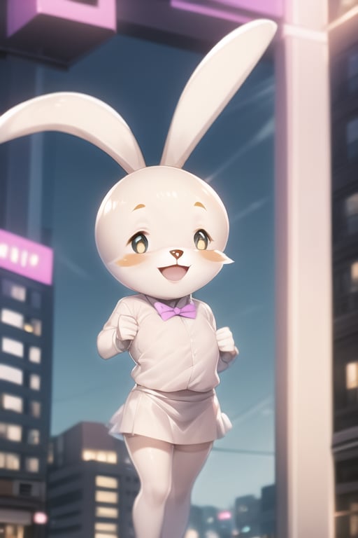 tsidoki, white eyes, rabbit ears, body fur, pink bowtie, white shirt, white skirt, smile, standing, city <lora:Doki-v2:1>