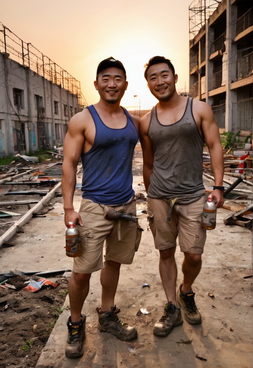 knee shot, two handsome Chinese construction workers walking towards viewer while holding beer bottle, hand on shoulder, welcoming smile, 35 y.o., brutish yet attractive face, facial hair, beefy, (mesh tank top), (bulging pecs:1.2), puffy nipples, pubic hair, (bulging crotch), thighs, (sweating:1.2), soft lighting, messy constuction site, reinforcement bars, abandoned buildings, muddy, equipment, tools, sunset, bokeh, erotic, atmospheric, bara, brutalism,