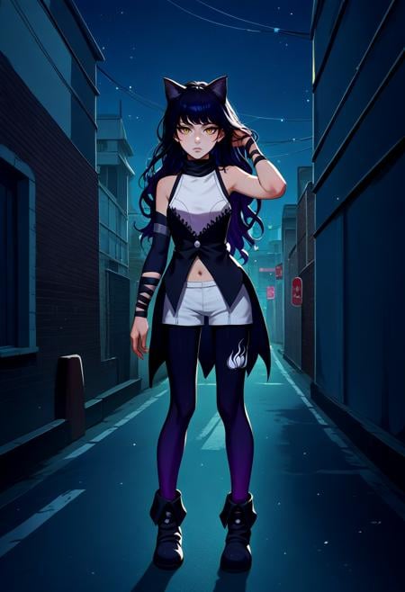 score_9, score_7_up, score_8_up, source_anime, solo, 1girl, blake belladonna, expressionless, looking at viewer, standing, hand in own hair, cat ears, sleeveless shirt, detached sleeves, white shorts, black pantyhose, pantyhose under shorts, black footwear, bare shoulders, navel, night, outdoors, city street <lora:rwby_blakebelladonna_ponyXL:1>