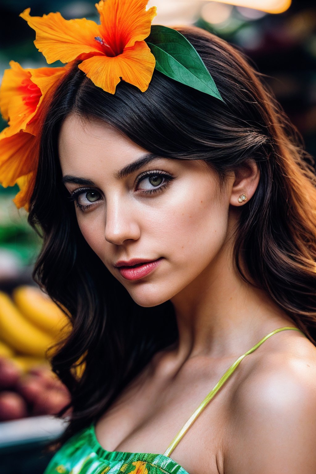 BlakeE_SoloTI_v1,  (In a vibrant tropical dress,  with a hibiscus flower in her hair by Solo on Tensor.Art