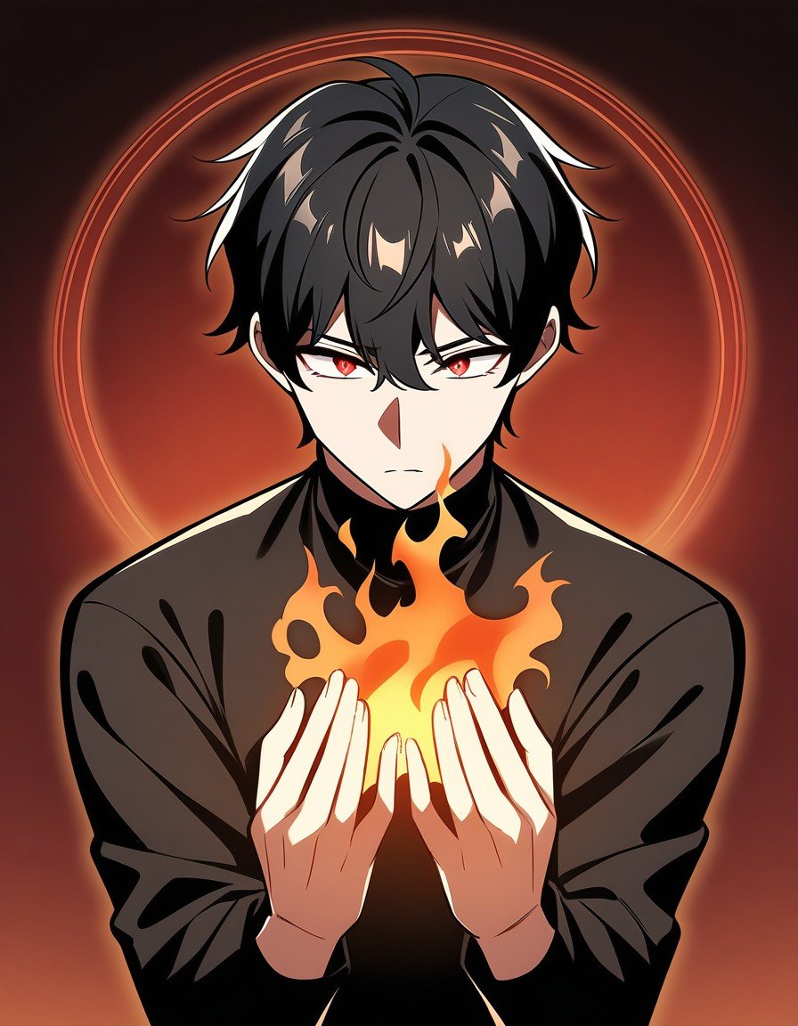 masterpiece, best quality, very aesthetic, absurdres, fantasy-style, 1boy, short hair, black hair, red eyes, black shirt, long sleeves, turtleneck, upper body, standing, simple background, pov, (solo), raised hands, fire, magical circle, <lora:cb2017e7-9c67-4016-956d-cee68bcaf3af:1.0>