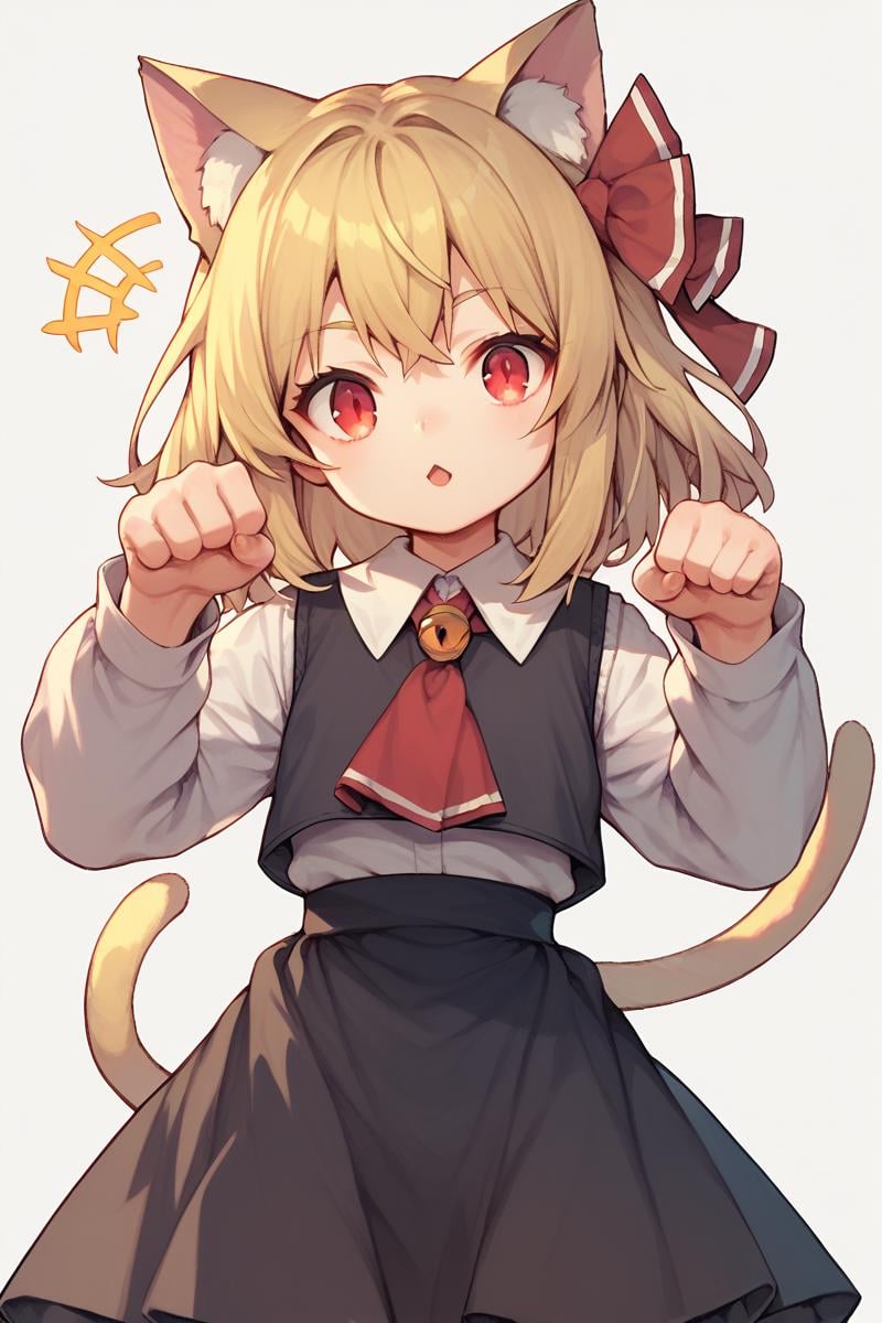 score_9, score_8_up, score_8, score_9, 1 girl, source_anime, black vest, white shirt, long sleeves, black skirt, blonde hair, red eyes, red ascot, hair ribbon, rumia, <lora:rumia_pony-10:1>,    cat ears, paw pose,  <lora:RabbishKingdom_Uousa-ou_PonyXL_style_v01:0.8>, (:3)