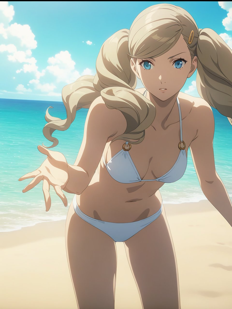 dsann, blonde hair, long hair, twintails, swept bangs, blue eyes, hairclip, white bikini, 1girl, soloBREAKbeach, crystal clear ocean water, sandy shores, depth of field, cinematic, game cg, anime screencap, official art, masterpiece, best quality<lora:dsann_a3b:1>