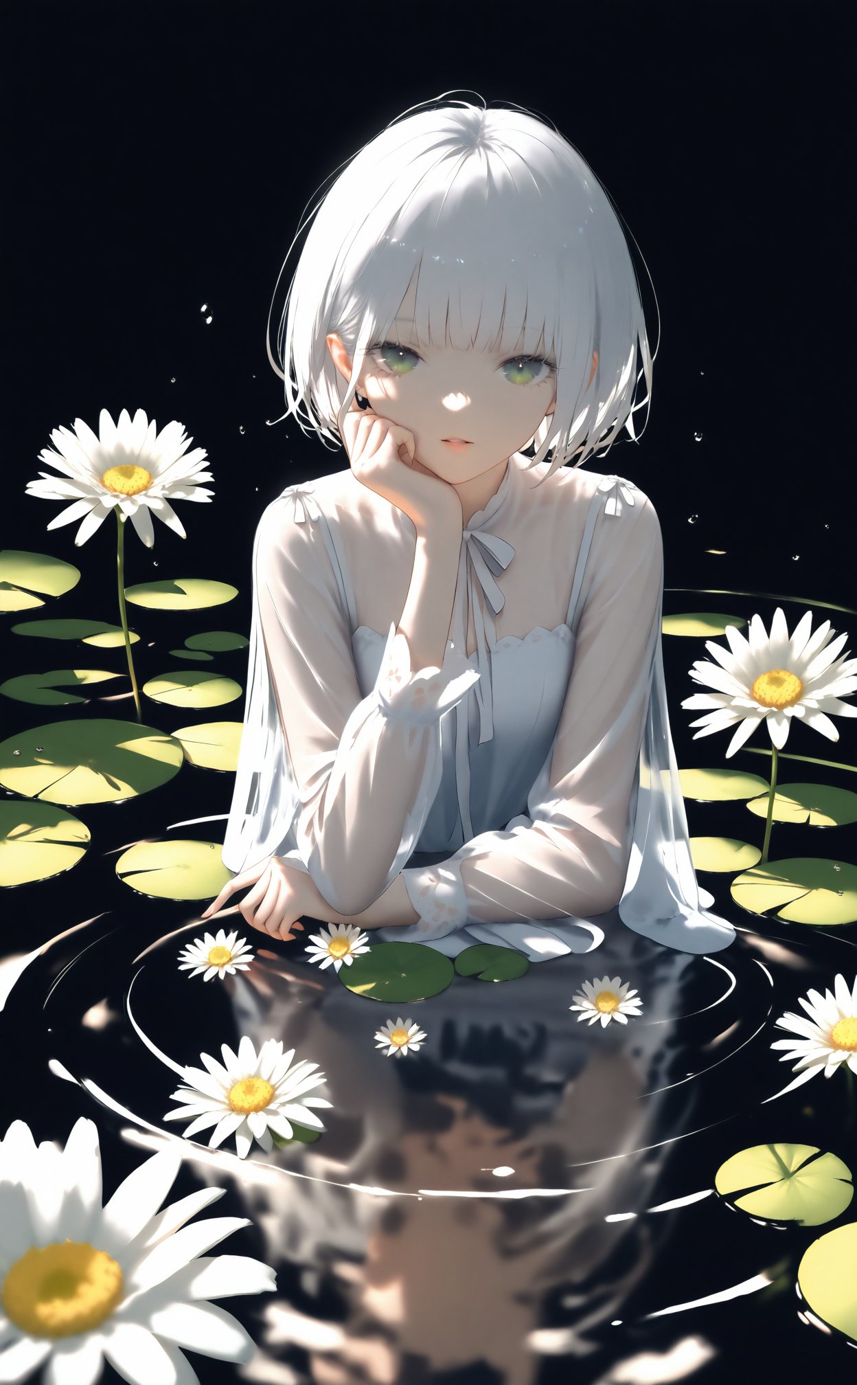 masterpiece,nai3 Style,1girl,solo,flower,white hair,water,white flower,white dress,dress,looking at viewer,partially submerged,short hair,see-through,ripples,parted lips,water drop,long sleeves,green eyes,grey eyes,head rest,daisy,reflection,see-through sleeves,lily pad,bob cut,black background,blunt bangs,