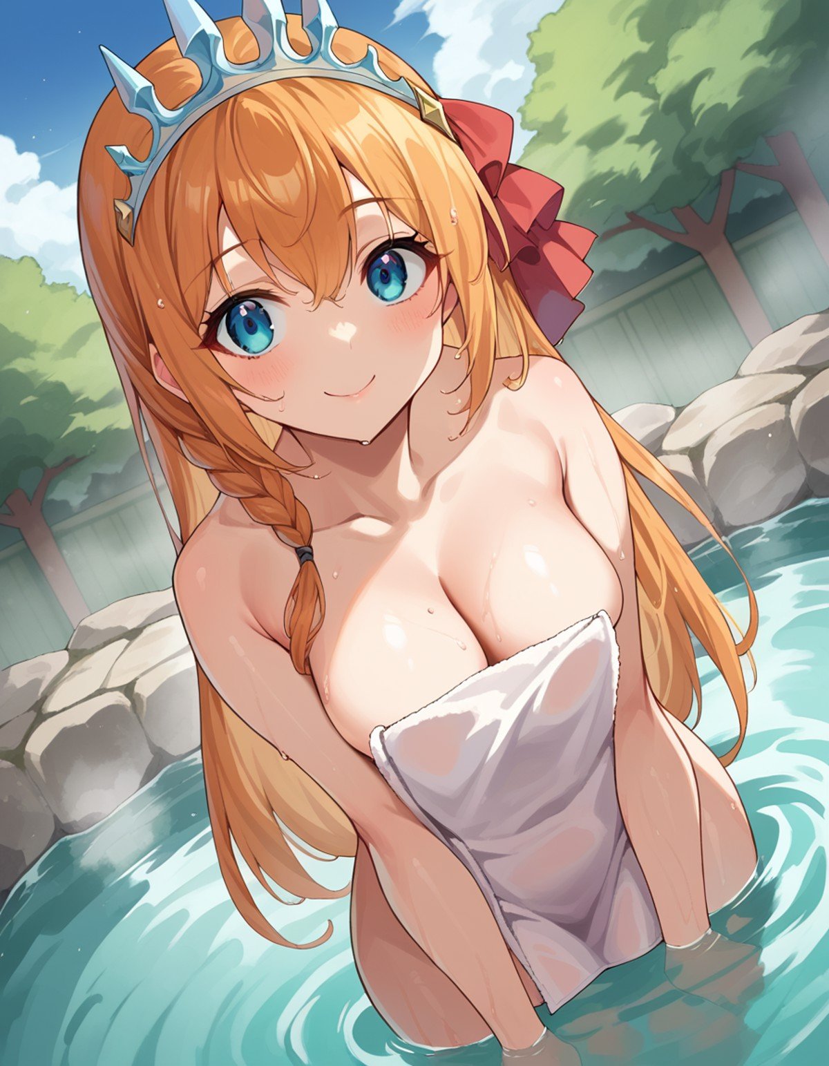 score_9, score_8_up, score_7_up, source_anime,pecorine, <lora:pecorine-ponyxl-lora-nochekaiser:1>pecorine, blue eyes, hair ornament, long hair, orange hair, tiara, braid, hair braid, smile,nude, naked, outdoors, onsen, towel, naked towel, steam, bathing, nude cover, partially submerged, water, bath, steam censor, wet towel,looking at viewer, dutch angle, cowboy shot