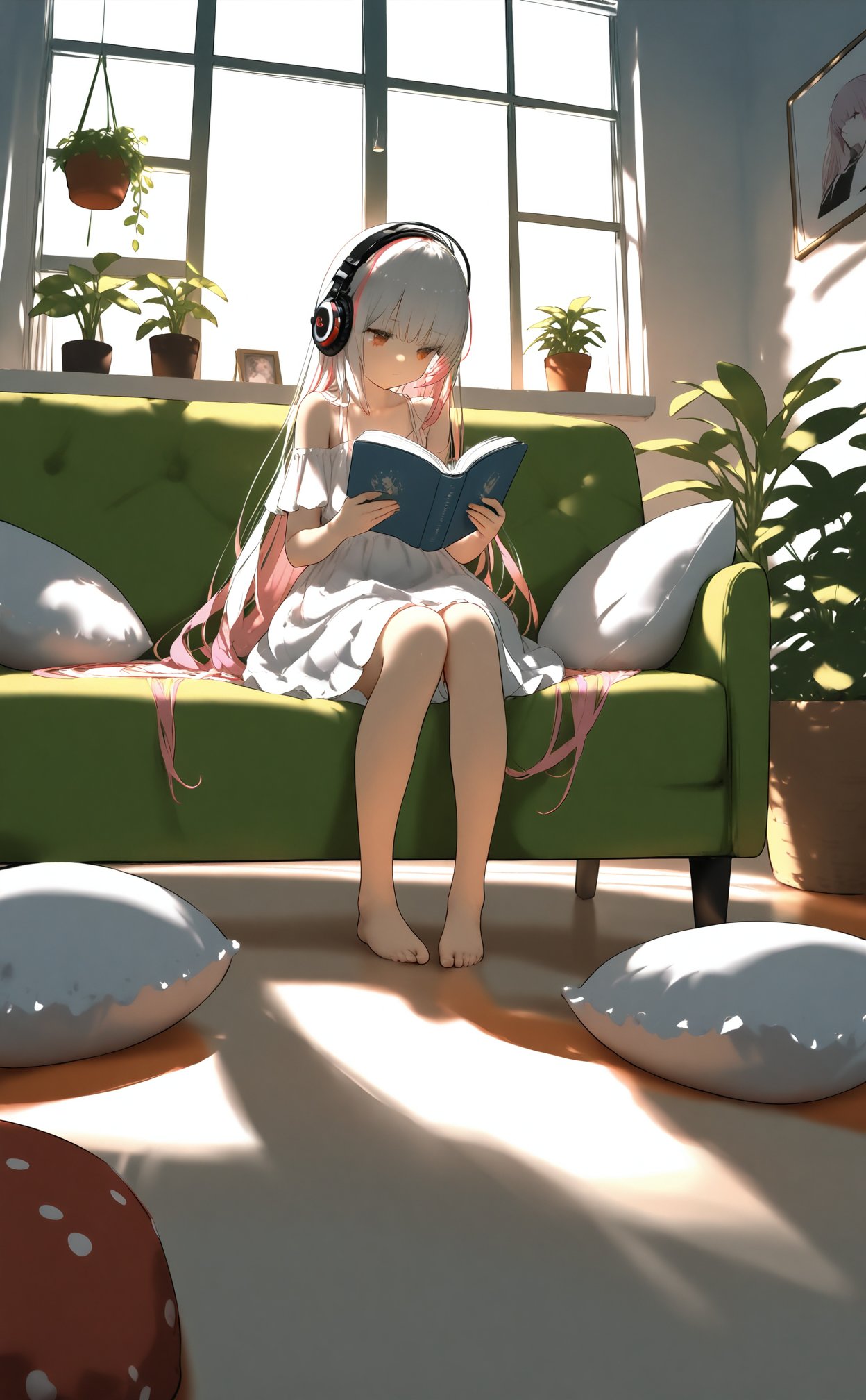 masterpiece,best quality,high quality,(colorful),nai3 Style,loli,1girl,plant,book,solo,headphones,long hair,potted plant,indoors,window,reading,sitting,pillow,barefoot,open book,holding book,very long hair,holding,white dress,picture frame,off shoulder,dress,pink hair,looking down,couch,drawing (object),scenery,bare legs,sunlight,multicolored hair,bare shoulders,day,white hair,cushion,gradient hair,table,blonde hair,full body,closed mouth,photo (object),window shade,