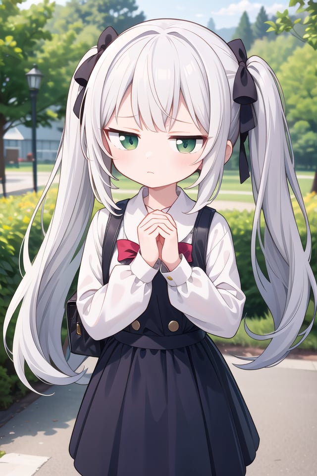 insanely detailed, absurdres, ultra-highres, ultra-detailed, best quality,1girl, solo, nice hands, perfect hands,BREAK,wearing summer school uniform,expressionless, closed mouth,standing,45 angle, cowboy shot, looking at viewer,BREAK,(tsurime:1.4),slender, kawaii, perfect symmetrical face, ultra cute girl, ultra cute face, ultra detailed eyes, ultra detailed hair, ultra cute, ultra beautiful,by Canon EOS, SIGMA Art Lens 35mm F1.4, ISO 200 Shutter Speed 2000,BREAK,in a park,silver hair, twintails, green eyes,