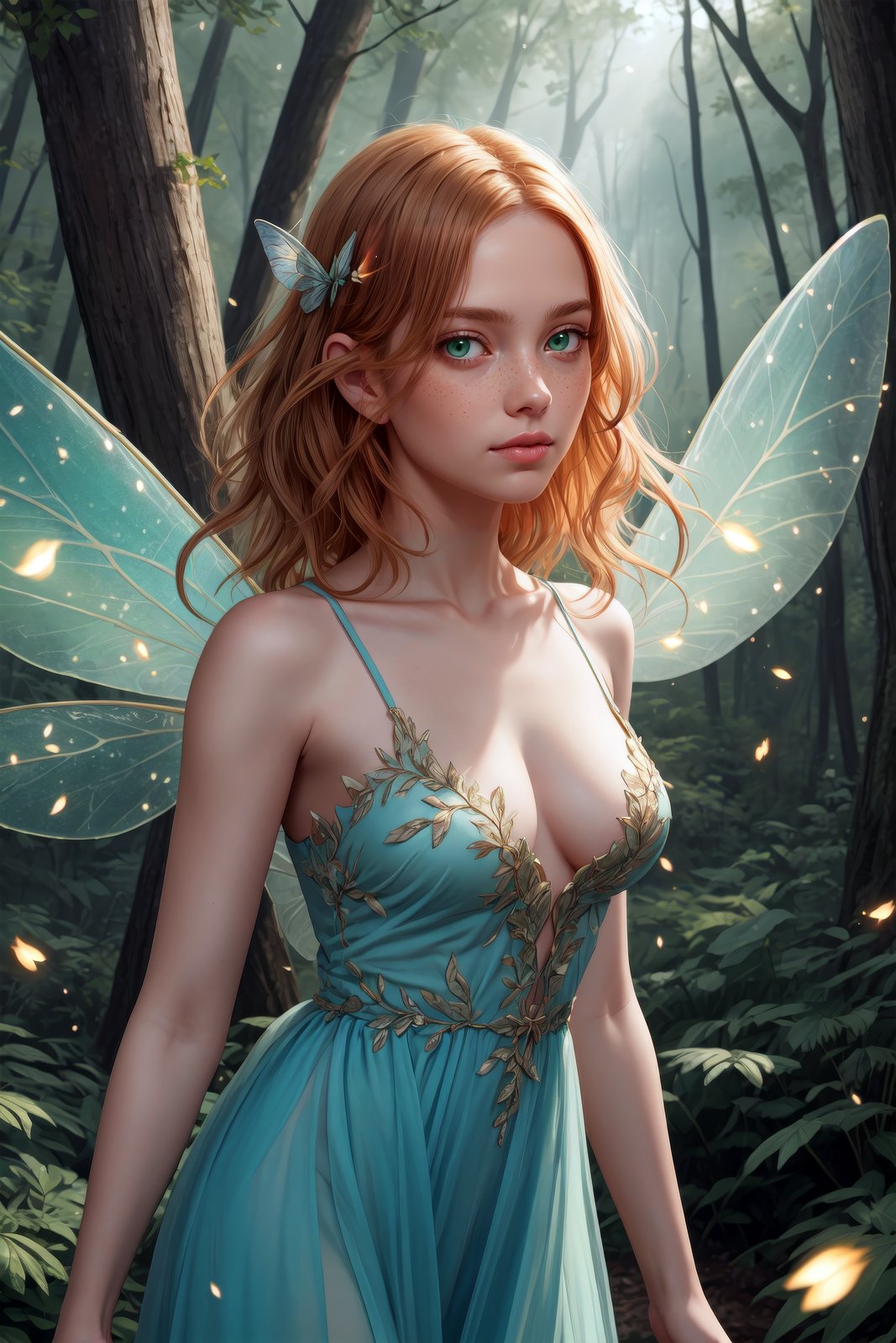 masterpiece, highest quality, detailed face and eyes, fairy with wings, ginger hair, messy hair, dress, fireflies, forest, green eyes, (freckles:0.8)