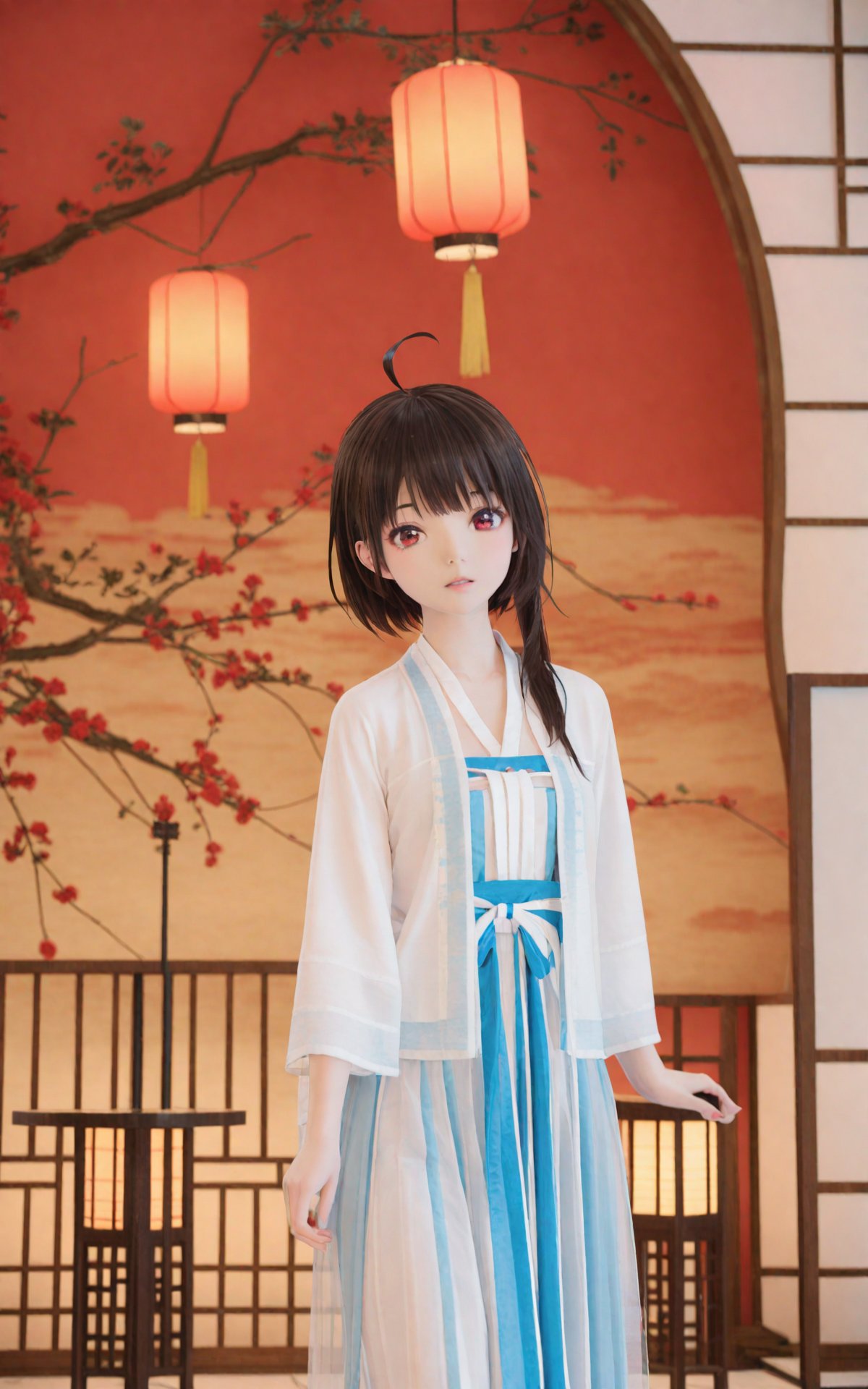 best quality, mmd Style, 1girl, Ling Yuan Yousa (Virtual Idol), solo, looking_at_viewer, red_eyes, lantern, chinese_clothes, long_hair, ahoge, blurry, brown_hair, hanfu, see-through, paper_lantern, black_hair, bangs, dress