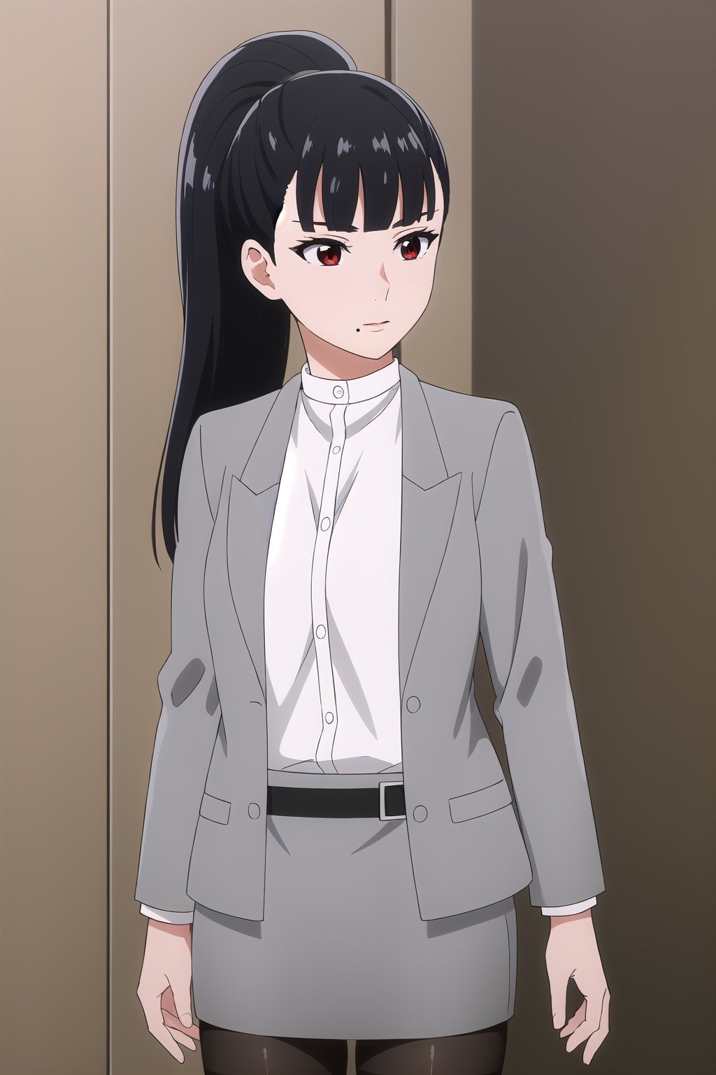 (masterpiece, best quality), highly detailed background, perfect lightingbest quality, kawakamiatsumi, solo, indoors, black hair, high ponytail, blunt bangs, long hair, red eyes, medium breasts, office lady, grey jacket, suit jacket, blazer, open jacket, long sleeves, white shirt, shirt tucked in, black belt, grey skirt, pencil skirt, skirt suit, black pantyhose, closed mouth, mole under mouth,  <lora:Kawakami-Atsumi-10:0.7>