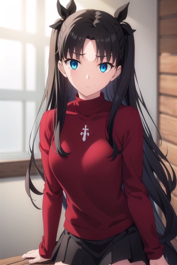 rintohsaka, <lora:rin tohsaka ubw-lora-nochekaiser:1>, rin tohsaka, aqua eyes, (black hair:1.5), hair ribbon, long hair, ribbon, sidelocks, two side up, (parted bangs:1.5),BREAK black skirt, black thighhighs, long sleeves, miniskirt, pleated skirt, red sweater, skirt, sweater, thighhighs, turtleneck,BREAK indoors, classroom,BREAK looking at viewer, (cowboy shot:1.5)BREAK <lyco:GoodHands-beta2:1>, (masterpiece:1.2), best quality, high resolution, unity 8k wallpaper, (illustration:0.8), (beautiful detailed eyes:1.6), extremely detailed face, perfect lighting, extremely detailed CG, (perfect hands, perfect anatomy),