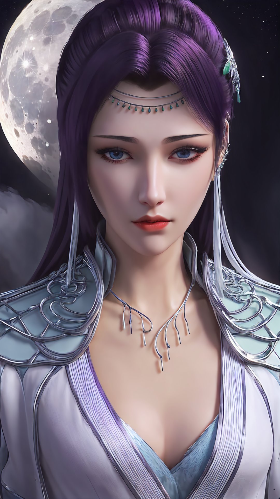 yy,1girl,solo,green chinese clothing,hollow shoulder armor,ear accessories,forehead jewelry,long hair,ear ribbon,collar,closed mouth,realistic,cowboy shot,looking_at_viewer,purple hair,((moon)), starry sky, (lighting particle), fog, snow,(bloom),